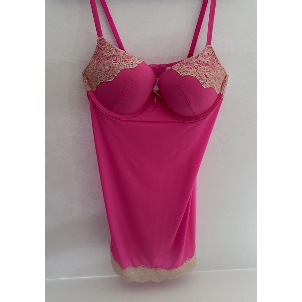 Victoria's Secret Hot Pink W/ Ivory Lace Trim Soft Babydoll Sz 34C  -Please Read